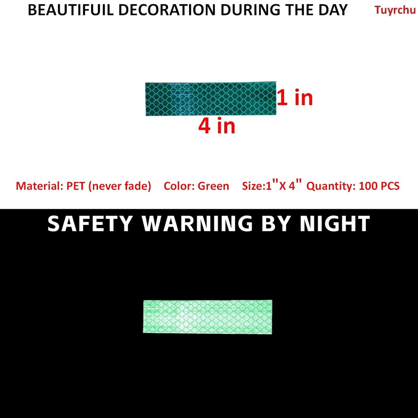 Non Fading Green Reflective Stickers 1 inch X 4 inch, Outdoor Waterproof High Visibility Warning Safety Adhesive Reflector Tape (100 Pcs)