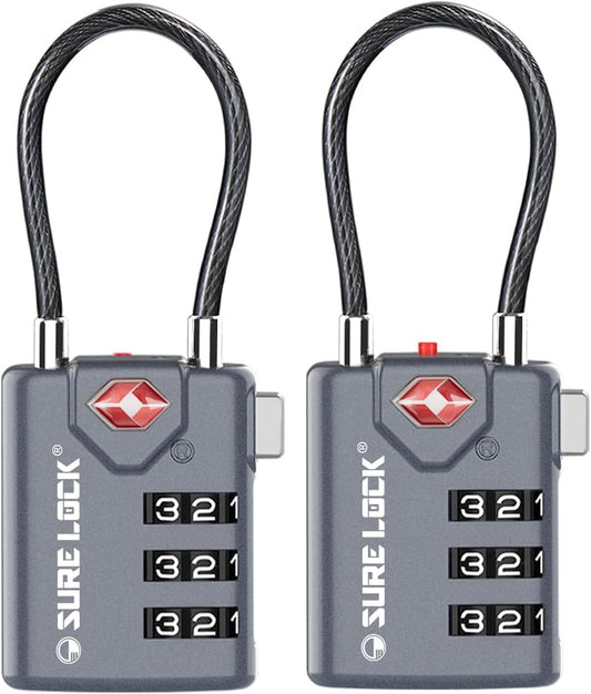 SURE LOCK TSA Compatible Travel Luggage Locks, Inspection Indicator, Easy Read Dials TSA Approved with Zinc Alloy Grey 2 Pack