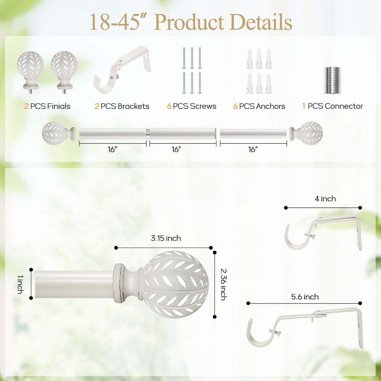 Weathered White Curtain Rod for Windows 28 to 48 Inches(2.3-4 ft)，1'' Diameter Heavy Duty Adjustable Curtain Rod with Leaf Pattern Finials - for Living Room, Bedroom,etc 18-45''