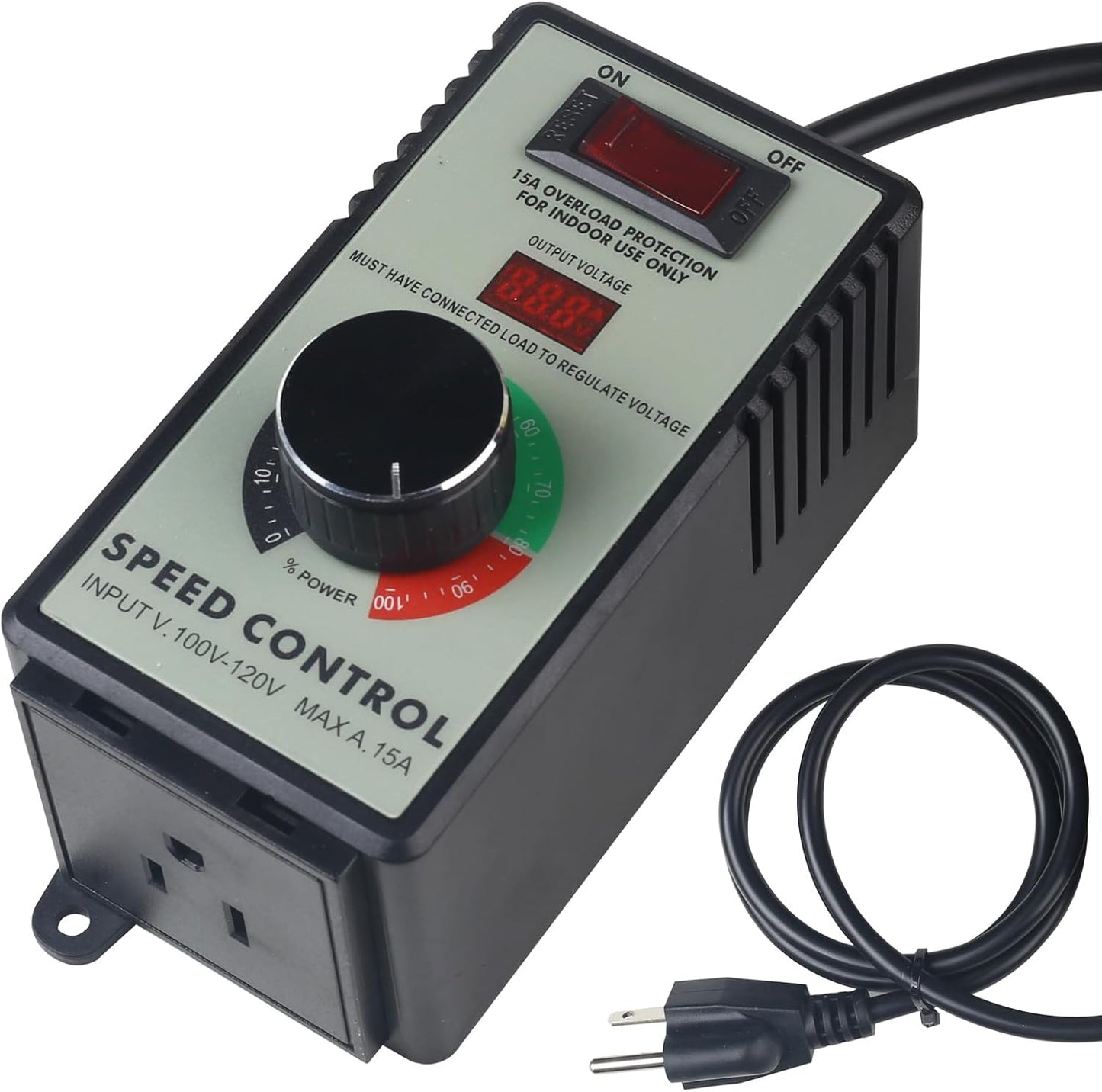 Versatile AC Motor Speed Controller - 100V-120V, 15A Max - Electric Fan Speed Regulator with Overload Protection, Electronic Voltage Regulation, and Voltage LED Display