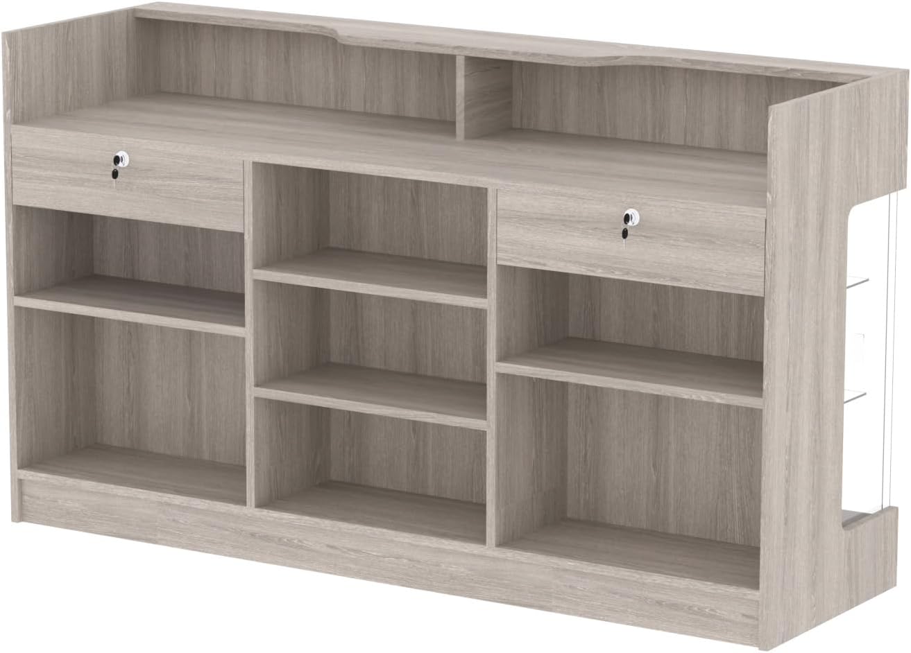 Ledgetop Checkout Counter with Glass Showcase View Front, Black Wooden Cash Register Stand with Showcase,Retail Glass Display Cabinet Counter (Gray Wood Grain, 72 in)
