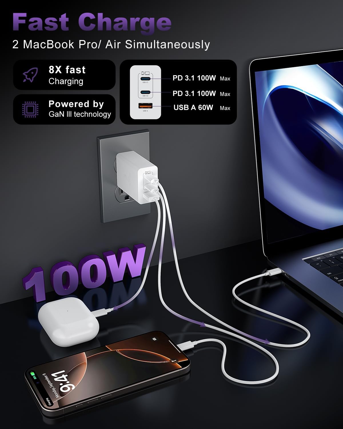 USB C Charger Block 100W, 3-Port GaN Super Fast Phone Charger, Type C 65W Laptop Chargers with 10ft USB C Charging Cable for MacBook Pro/Air,iPad Pro, iPhone 17/16/15Pro, S25/S24/S23 and More[2 Pack]