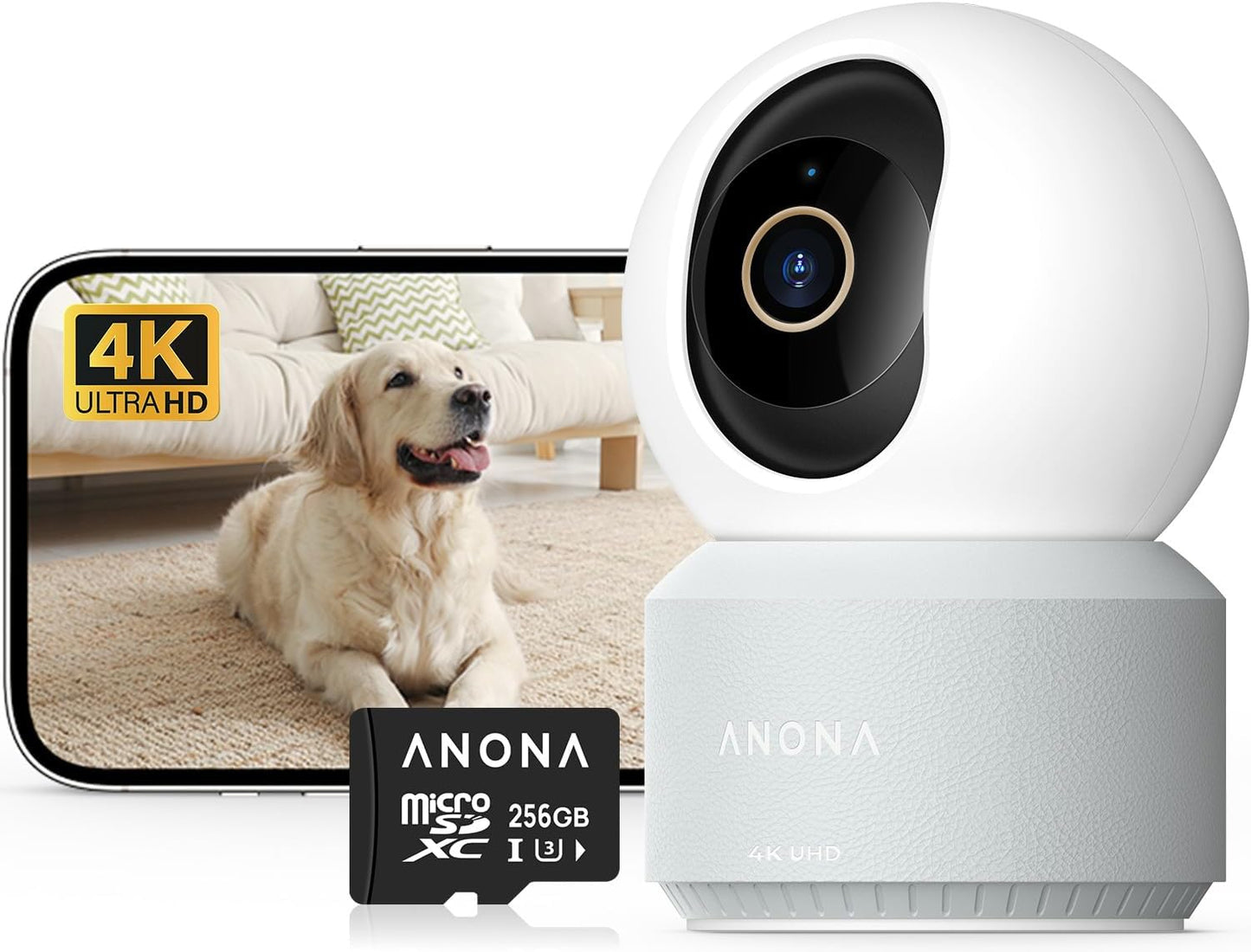 Anona 4K UHD Indoor Camera with 256GB SD Card, Pet/Dog/Baby Security Camera with Phone App, 360° Pan-Tilt, 2.4G/5G Wi-Fi 6, Auto-Tracking, Person/Pet/Baby Crying Detection, Privacy Mode, Two-Way Audio