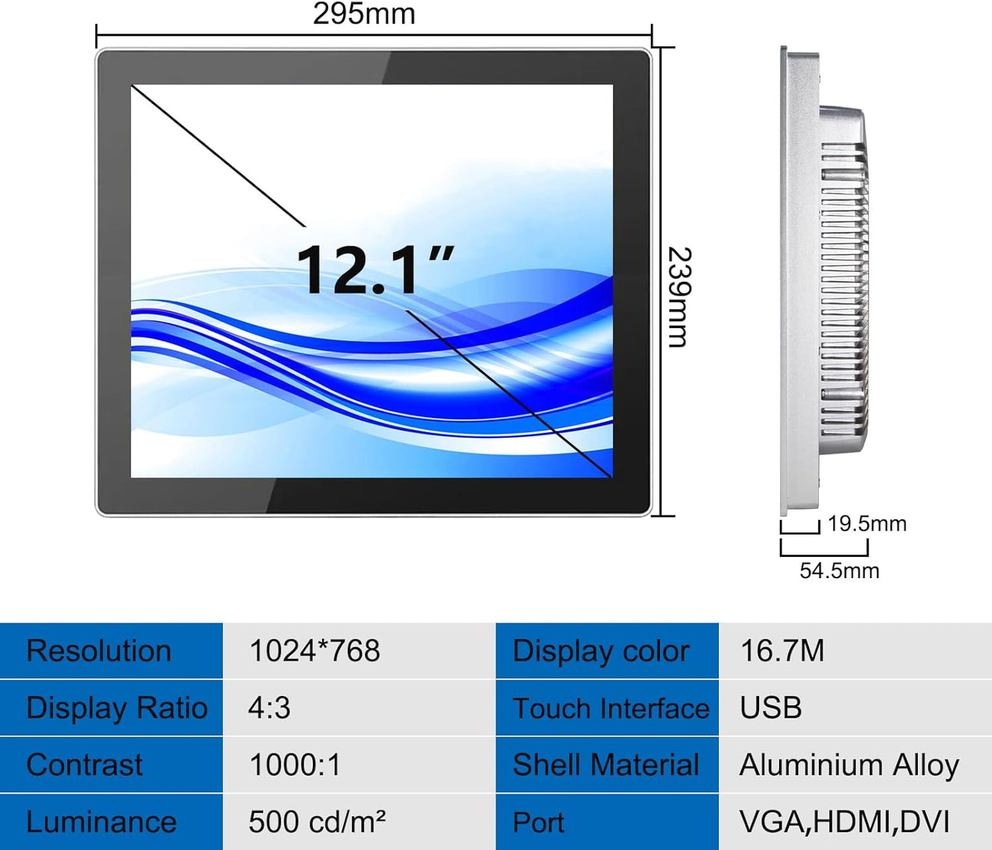 GreenTouch 12.1 Inch Front IP65 Panel Rugged Metal Case Display Touch Screen Industrial Grade Open Frame LCD Monitor - 1024 * 768 - Silver