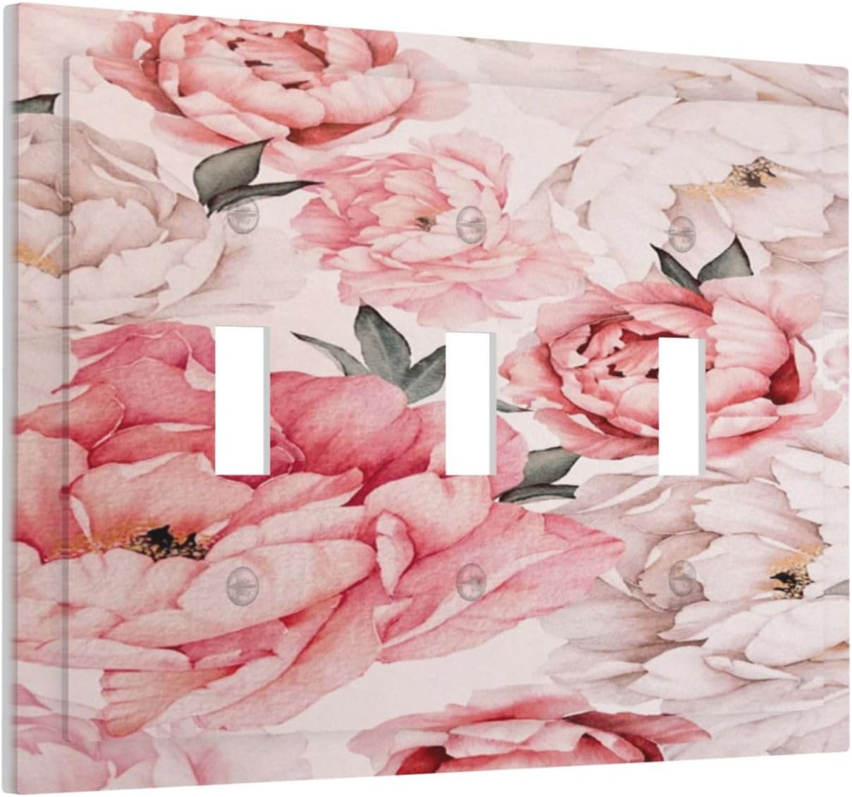 Decorative Light Switch Plate Covers Ink Pink Peony Flower Rustic Floral 3 Gang Light Switch Cover Triple Toggle Wall Plate Outlet Covers for Home Bedroom Decor