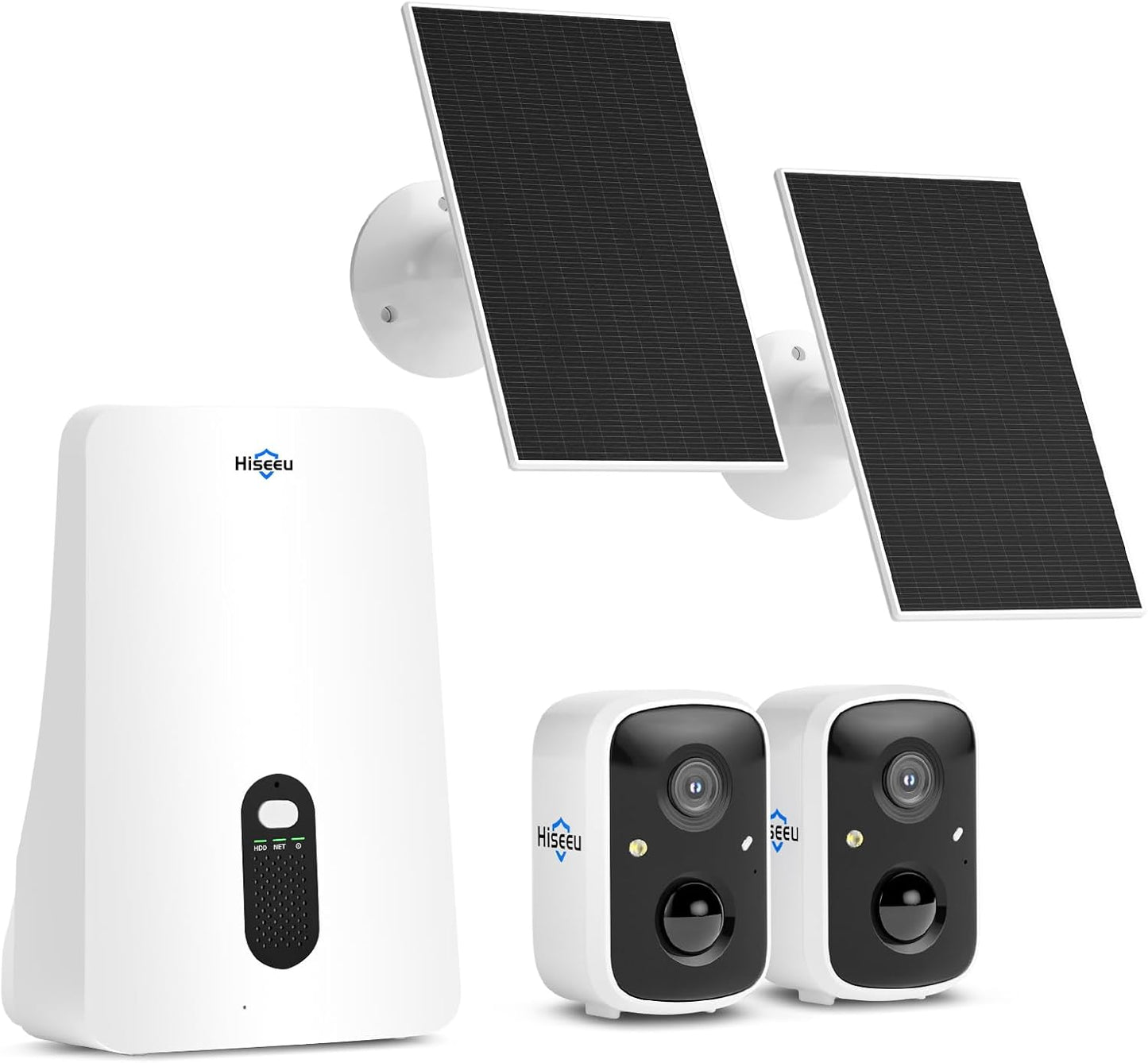 Hiseeu Security Cameras Wireless Outdoor, 2 Cam-Kit, Expandable to 10CH, No Monthly Fee, Solar-Powered, Home Security Cameras System with 2K Color Night Vision, Easy Setup, 2.4G & 5G WiFi