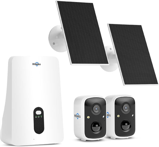 Hiseeu Security Cameras Wireless Outdoor, 2 Cam-Kit, Expandable to 10CH, No Monthly Fee, Solar-Powered, Home Security Cameras System with 2K Color Night Vision, Easy Setup, 2.4G & 5G WiFi