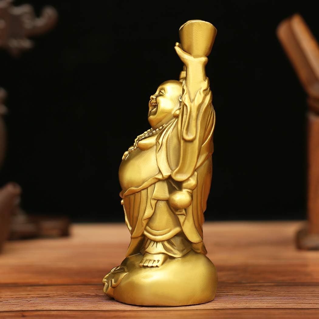 BRASSTAR Brass Laughing Buddha Holding Ingot Money Bag Statue Attract Wealth Feng Shui Ornament Home Office Decorative PTZY053