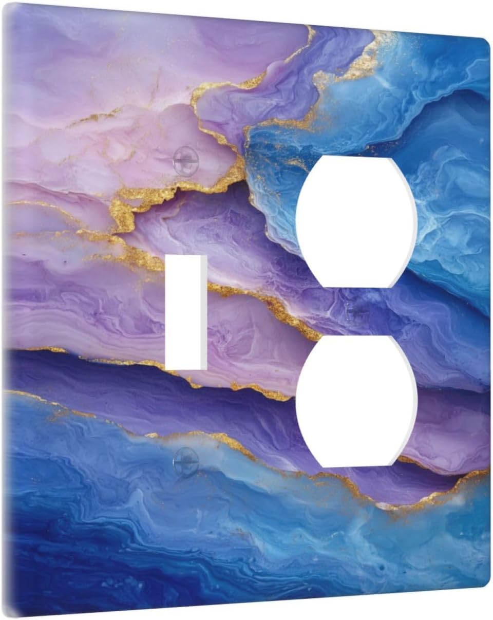 Decorative Outlet Covers Abstract Blue Purple Gold Marble Texture 2 Gang Wall Plate Single Toggle Duplex Light Switch Cover Switch Plate Covers Faceplate for Bathroon Kitchen Decor