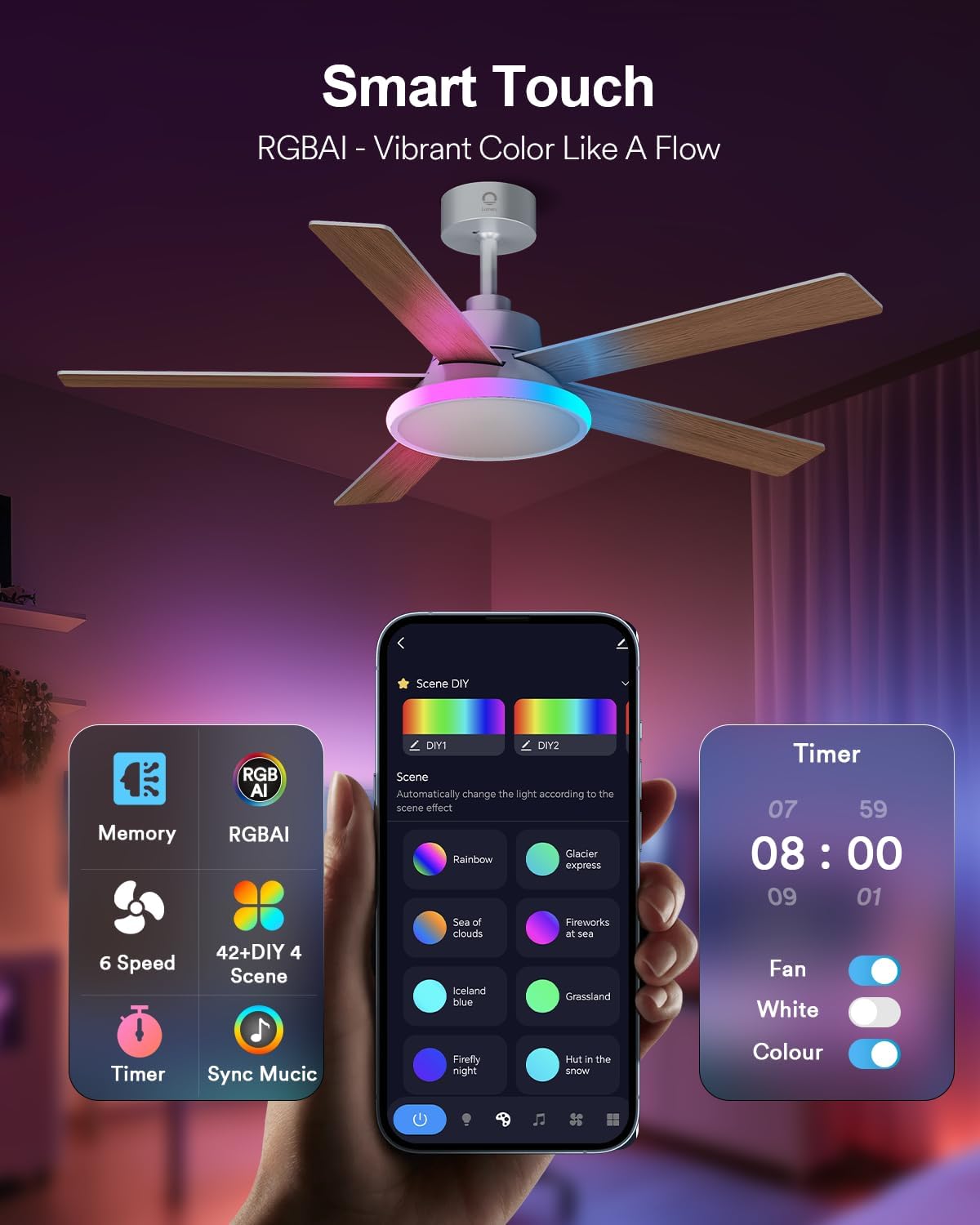 Lumary Smart Ceiling Fan with RGBAI Lights 52'', RGB & Stepless Color Temperature, Work with Alexa/Google/Remote, 46 Scenes, Modern Flush Mount Low Profile Ceiling Fan for Bedroom Kids Room, Silver