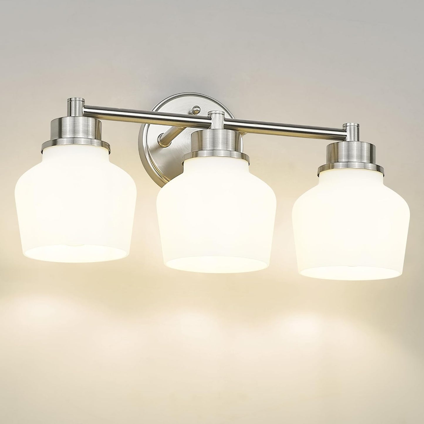 Emak Brushed Nickel Vanity Lights, Modern Milk Glass Bathroom Light Fixtures, 3-Light Bathroom Vanity Light Over Mirror, VL122-BN-ML-3