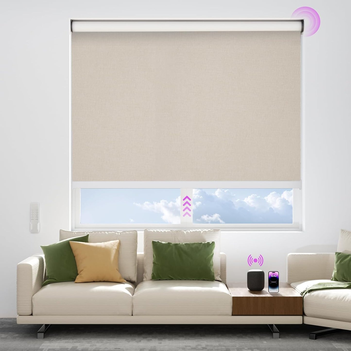 Astomi Motorized Blinds with Remote - Blackout Smart Roller Shades Compatible with Alexa & Goggle Home, Solar Rechargeable, Custom Size 22" - 100" for Indoor Window, Linen
