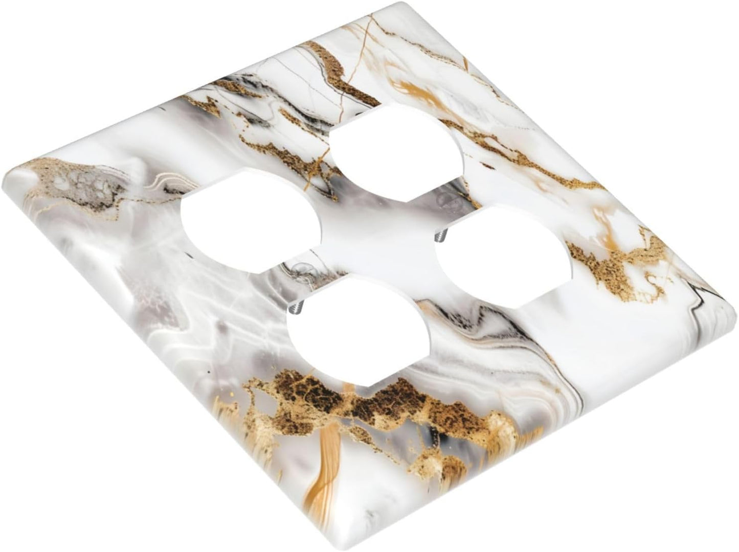 Luxurious Marble Abstract White Gold Tile Modern Simplicity Outlet Covers 2 Gang Double Duplex Decorative Light Switch Covers Electrical Wallplates Socket Faceplate for Bathroom Kitchen Decor