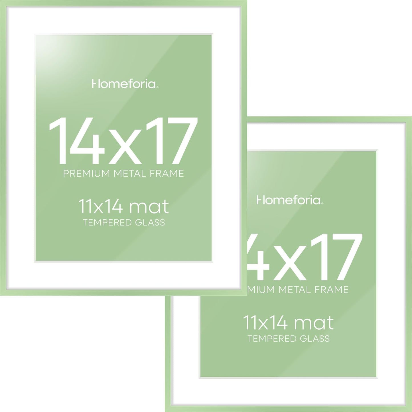 Homeforia 14x17 Picture Frame Sage Green, High End Metal 14x17 Poster Frames with Mat 11x14 inch Photo, 14 x 17 Sage Green Frame Matted to 11 by 14 Art, 17x14 Frame, Tempered Glass, Wall Kit, Set of 2