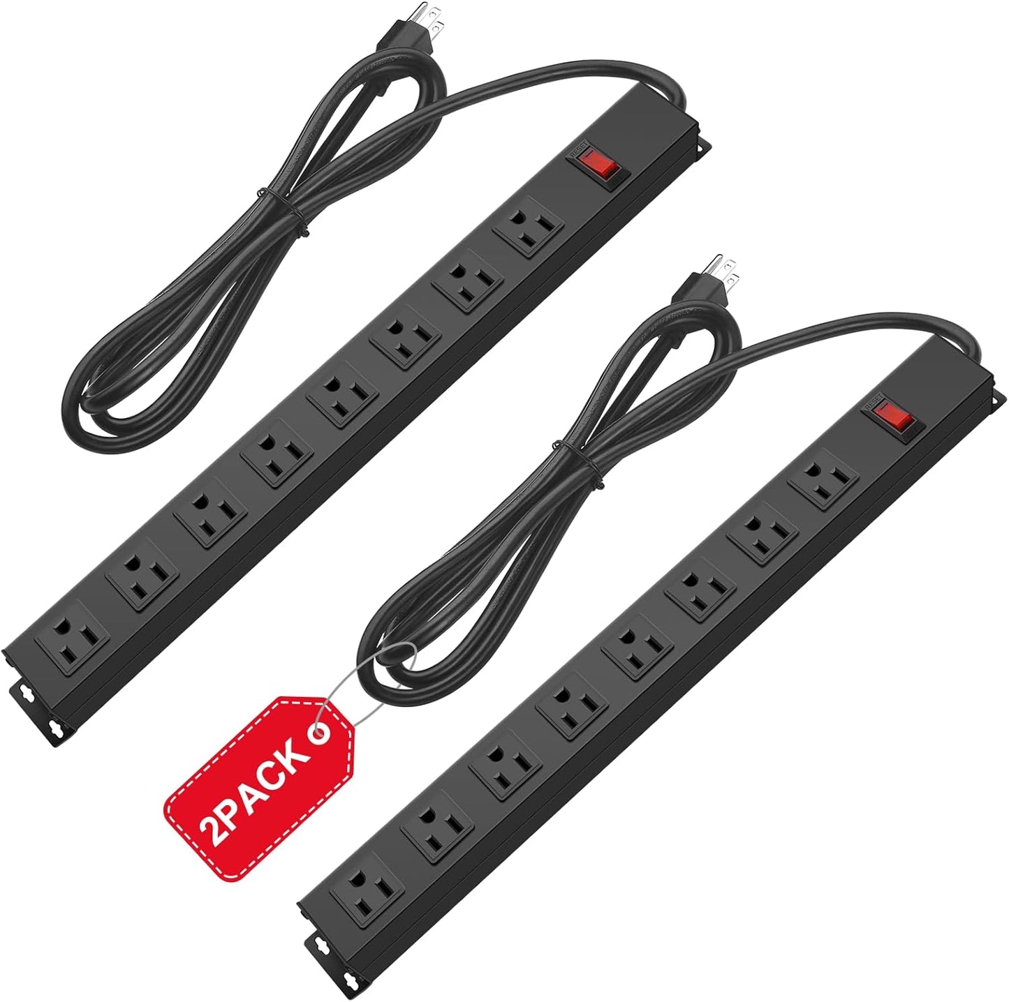 2Pack Metal 8 Outlet Mountable Power Strip, Wall Mount Outlet Heavy Duty, Wide Spaced Commercial Shop Power Strip with Switch, 10 FT SJT 14AWG Power Cord.