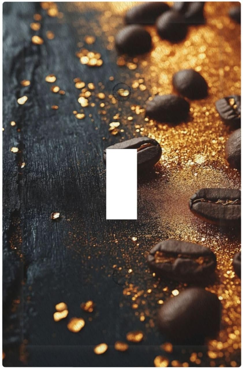 Decorative Light Switch Cover Plate Black Wood Board Gold Dust Coffee Beans 1 Gang Wall Plate Oversized Single Toggle Wall Cover Plate Jumbo Electrical Switchplate Face Plate