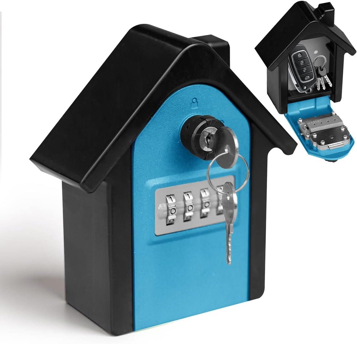 Key Lock Box with Combination lock & Key lock, Portable Large Capacity Key Storage Box Wall Mounted, Resettable Code, Waterproof Security Lock Box for Home, Office, Garage, Realtors Blue(1 Pack)