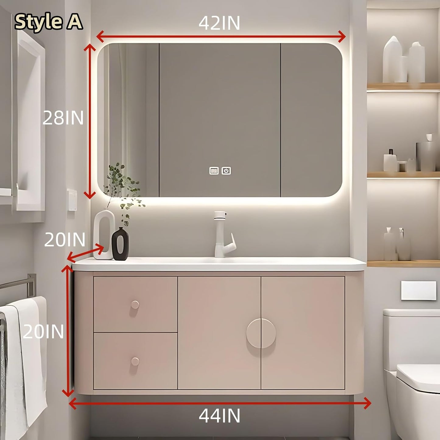 44IN Pink Modern Bathroom Vanity - Bathroom Vanities Set with 2 Drawers Wall Mounted | Rounded Corner Smart Defogging Mirror Cabinet with Lighting & Time Display, Side Opening Storage Shelf (Style A)