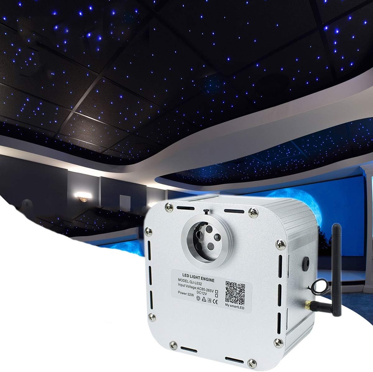 AZIMOM High Brightness 32W Twinkle Fiber Optic Light Source RGBW Light Box Engine Diver Bluetooth/RF Remote Control Music Sensor Mode for Car Home Star Ceiling Light Effect Decoration