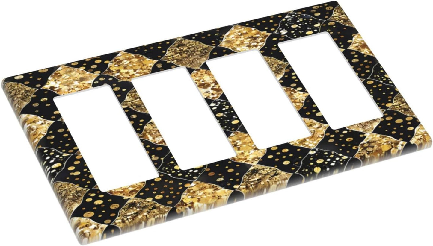 Gold Black Marble Geometric Plaid Glitter Wallplates 4 Gang Quad Rocker Decorative Light Switch Covers Electrical GFCI Faceplate Switch Plate for Bedroom Bathroom Decor