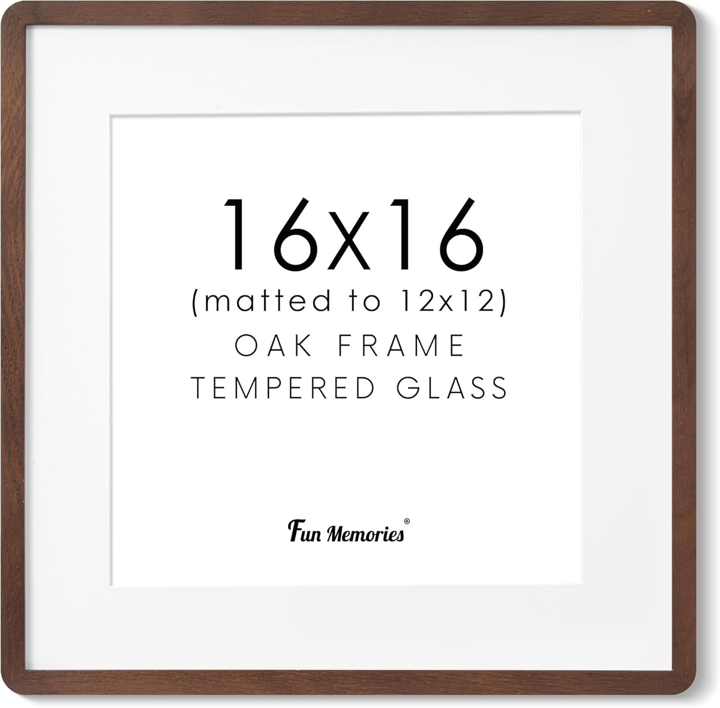 16x16 Picture Frame, Square 16 by 16 Frames for Wall - Solid Oak Wood & Tempered Glass, 16 x 16 Wood Frame Matted to 12 x 12, Square Picture Frame 16"x16" for Home Decor, Walnut Color, 1 Pack