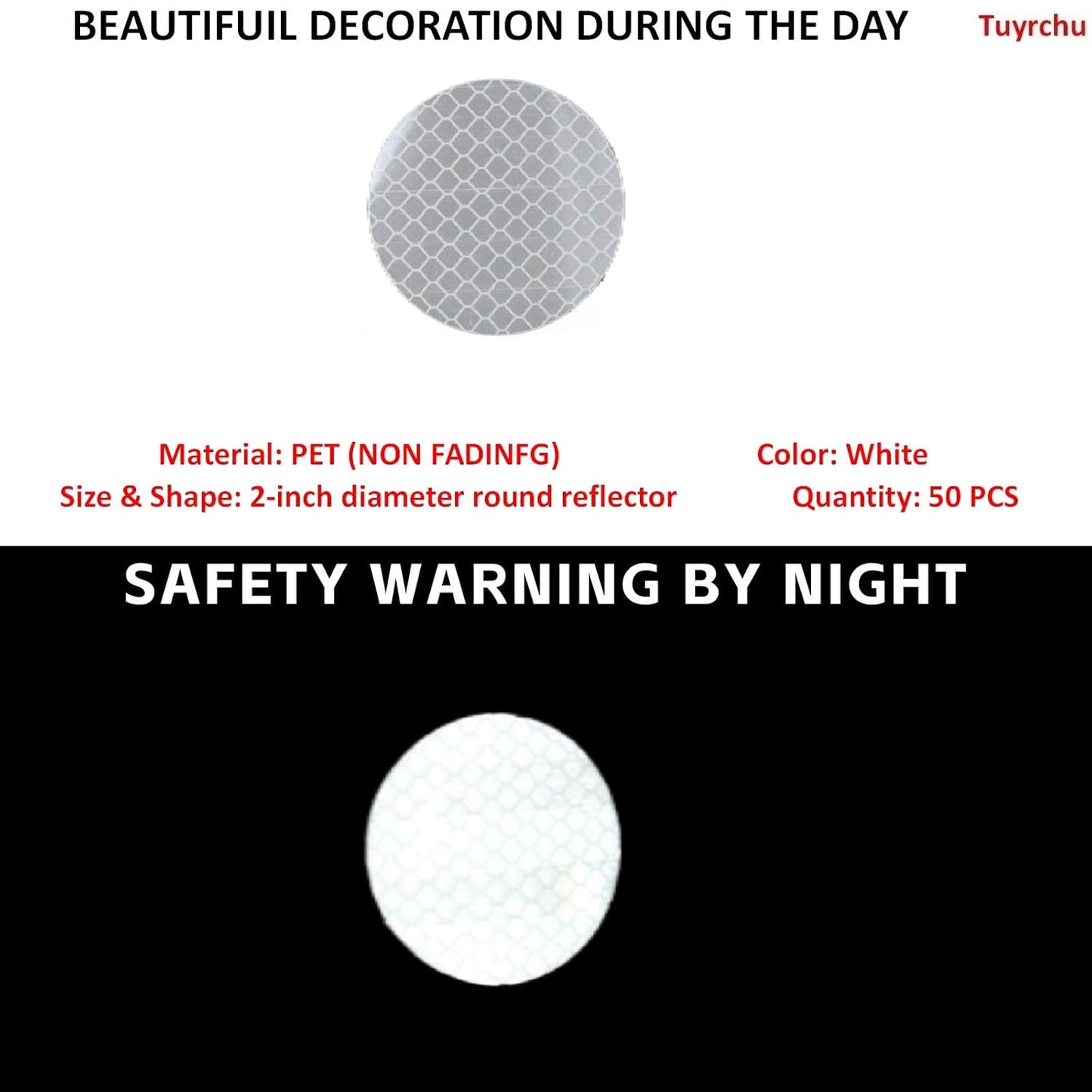 Non Fading White Reflective Stickers 2-inch Diameter Round Reflector, Outdoor Waterproof High Visibility Warning Adhesive Tape (50 Pcs)