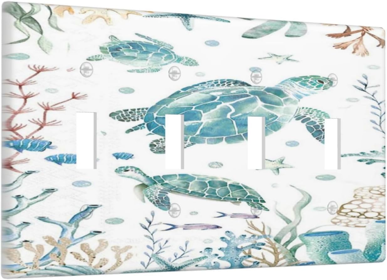 Sea Turtle Ocean Starfish Fish Coral Pearl Light Switch Covers Quad Toggle Electrical Faceplate 4 Gang Wall Plate Decorative Switch Plates for Bathroom Kids Room Decor