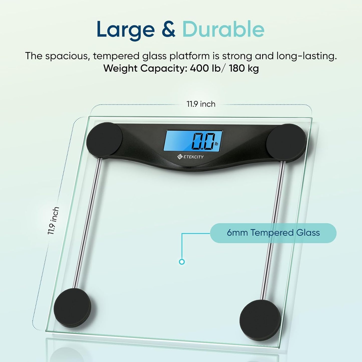 Etekcity Digital Body Weight Bathroom Scale, Large Blue LCD Backlight Display, High Precision Measurements, 6mm Tempered Glass, 400 Pounds, Black