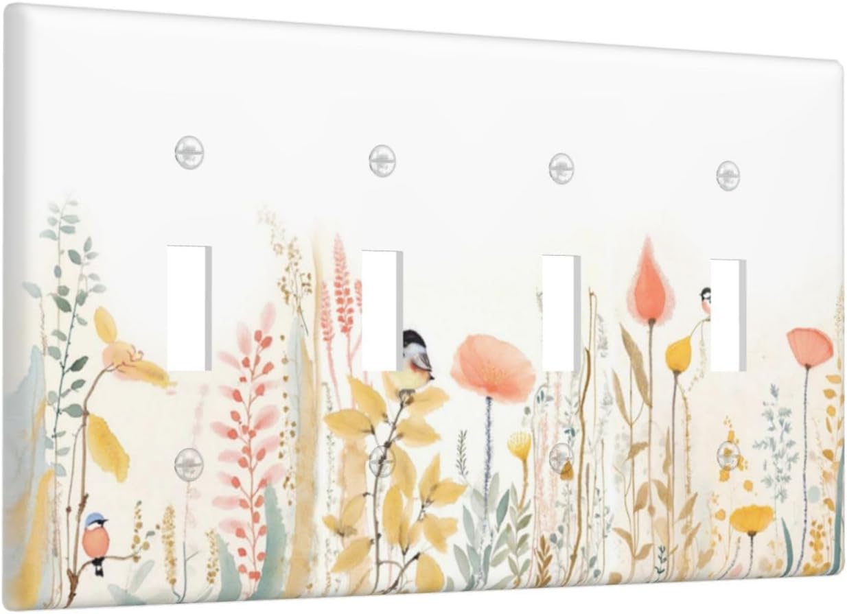 Light Switch Covers Colorful Floral Watercolour Cuddly Bird Quad Toggle Electrical Faceplate 4 Gang Wall Plate Decorative Switch Plates For Bed Room Living Room Decor
