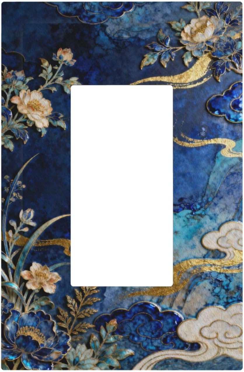 Decorative Outlet Covers Blue White Flower Gold Line Cloud 1 Gang Rocker Light Switch Cover Plate Single Wall Plates for Electrical Outlets Switch Plate Covers Faceplate for Home Decor