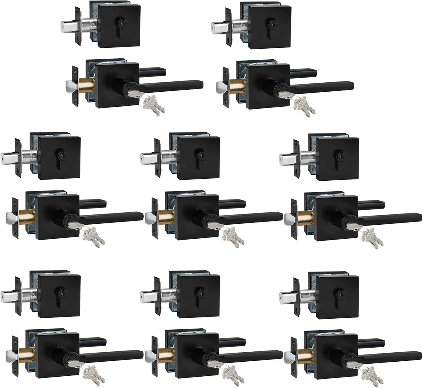 Keyed Entry Door Handle with Single Cylinder Deadbolt, Keyed Alike(Same Keys Only Per Set) Front Door/Exterior Door Lever Lockset, Matte Black, 8 Sets of Locks with 8 Sets of Different Keys
