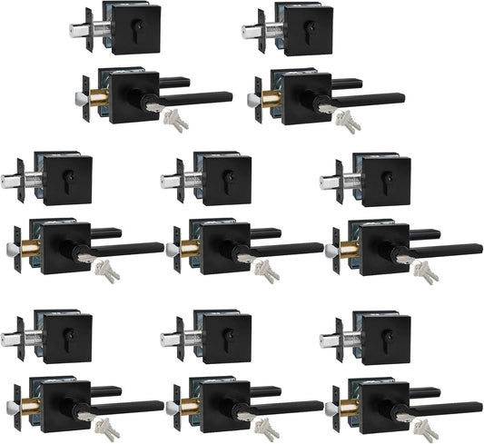 Keyed Entry Door Handle with Single Cylinder Deadbolt, Keyed Alike(Same Keys Only Per Set) Front Door/Exterior Door Lever Lockset, Matte Black, 8 Sets of Locks with 8 Sets of Different Keys