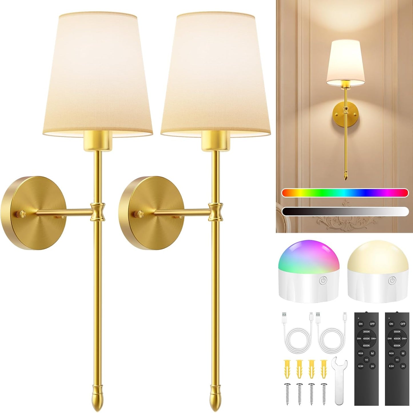 OCATO Battery Operated Wall Sconce: 10000mAh Wireless Wall Sconces Set of Two Rechargeable Lamp Dimmable Magnetic Lights with 7 RGB Colors and Remote Home Decor Walls Decor for Bedroom Living Room
