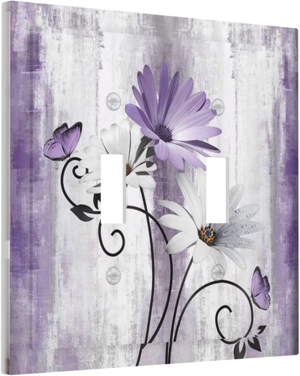 Decorative Light Switch Plate Covers Rustic White Purple Daisy Floral Flower 2 Gang Wall Plate Double Toggle Switch Cover Plate Electric Dual Device Electrical Faceplate for Bedroom Decor