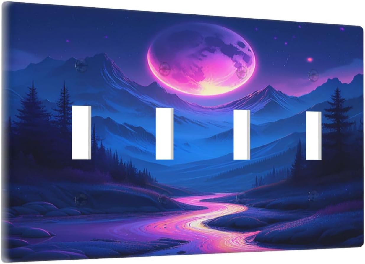 Purple Cyberpunk River Full Moon Mountain Forest Light Switch Covers Quad Toggle 4 Gang Wall Plate Decorative Switch Plates Electrical Faceplate for Bedroom Bathroom Decor