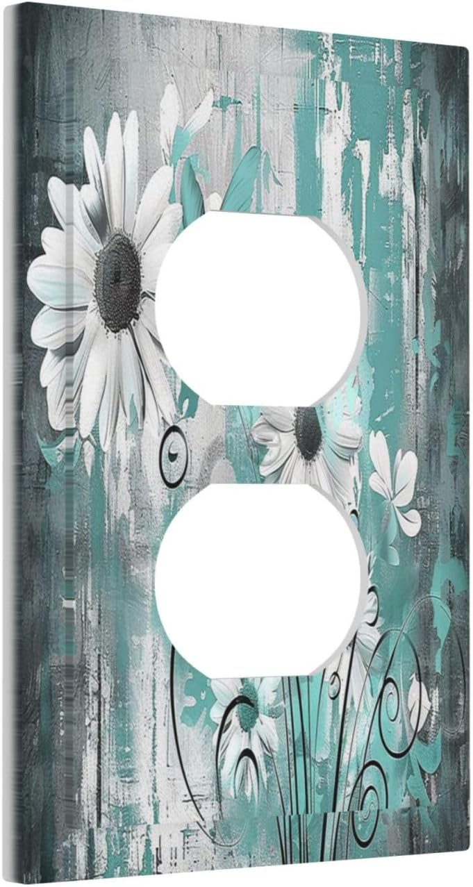 Outlet Covers Teal Daisy Floral Vintage Wood Plank 1 Gang Duplex Light Switch Cover Decorative Switch Plates Electrical Receptacle Faceplate Wall Plate For Farmhouse Cabin Decor