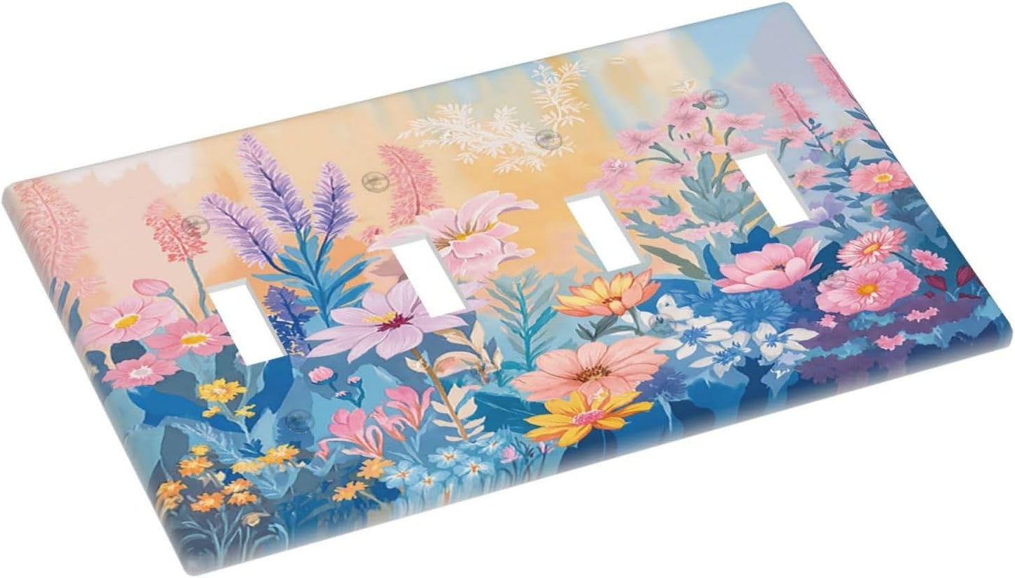 Light Switch Cover Plate Colorful Watercolor Flowers Wildflower Plants 4 Gang Quad Toggle Wall Plate Electrical Outlet Cover Decorative Switch Plate Covers for Bathroom Home Decor