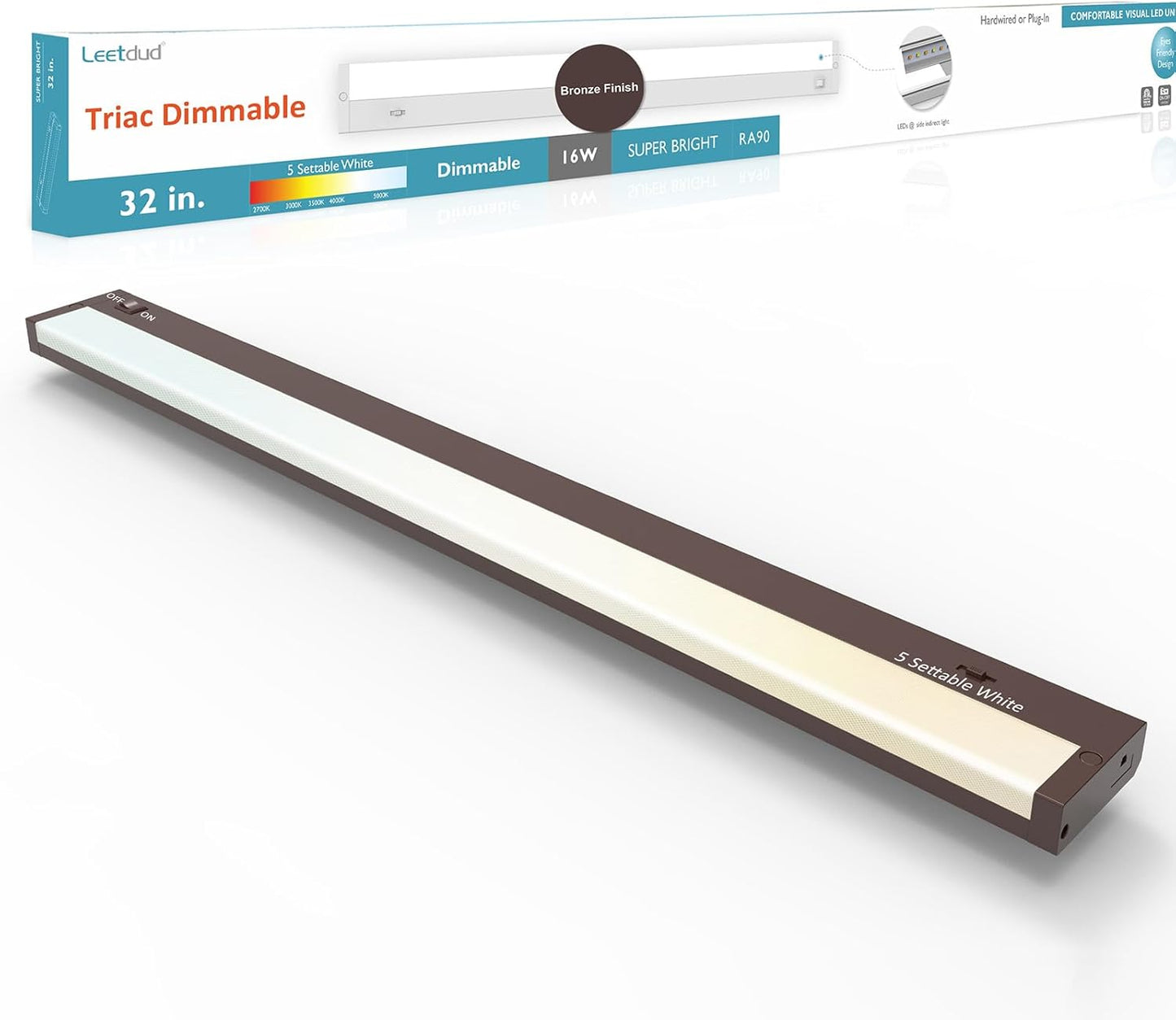 LED Under Cabinet Lighting Hardwired or Plug in, 32 Inch 16W, Dimmable 5 Color 2700K/3000K/3500K/4000K/5000K, Linkable Eyes Care Design Counter Lights for Kitchen, Sink, ETL Listed, Bronze
