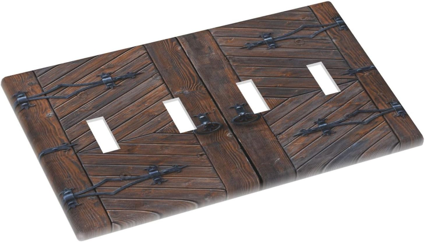 Decorative Light Switch Plate Covers Vintage Brown Wood Barn Door 4 Gang Light Switch Cover Quad Toggle Wall Plate Outlet Covers for Farmhouse Home Decor