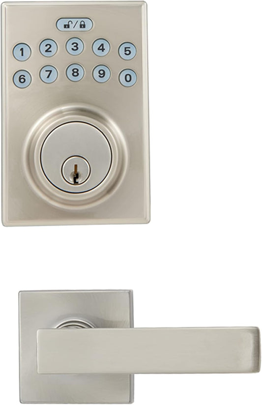 Amazon Basics Contemporary Electronic Keypad, Keyless Entry Door Lock Deadbolt with Handle Set, Key Pad Front Door with Knob, Contemporary Door Locks for Front Door, Door Handle, Satin Nickel, 1-Pack