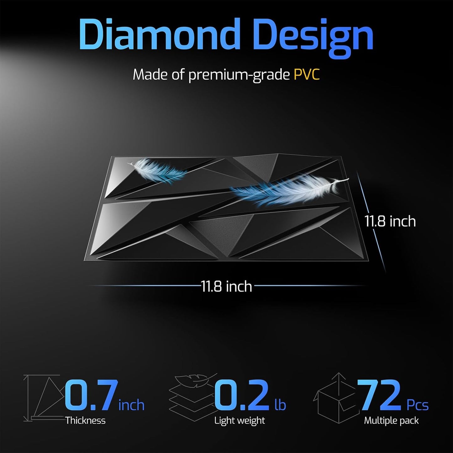 72 Pack 3D Wall Panels for Interior Wall Decor, 11.8'' x 11.8'' Decorative Wall Panels, Accent Wall Panels, 3D Diamond Design Wall Decor for Living Room, Bedroom, Gaming Room, Black