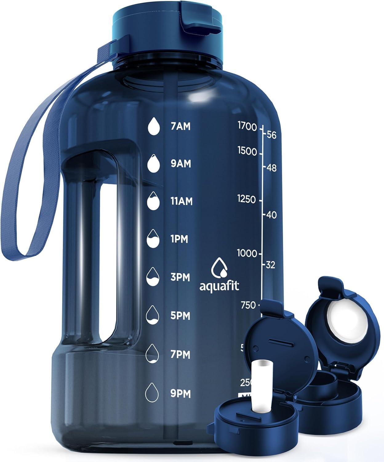 AQUAFIT 64 oz Water Bottle with Time Marker - Straw & Chug Lid - BPA Free Half Gallon Gym Water Bottle with Handle - Big Gallon Jug (Nebula, 64 Ounces)