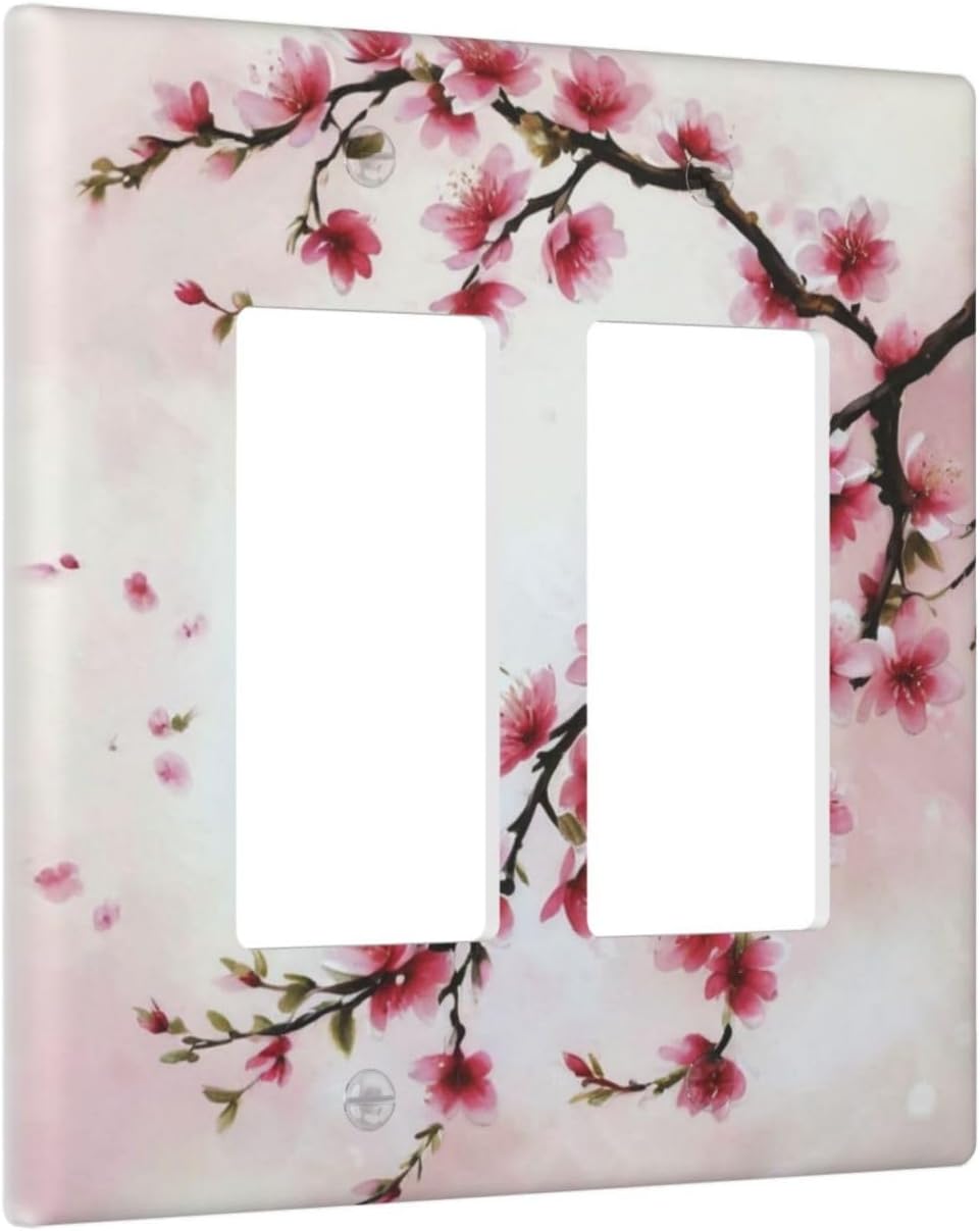 Branch with Pink Flowers Dual Outlet Covers Wall Plate 2 Gang Rocker Decora Decorative Switchplate Electrical Faceplate GFCI Light Switch Covers for Farmhouse Living Decor