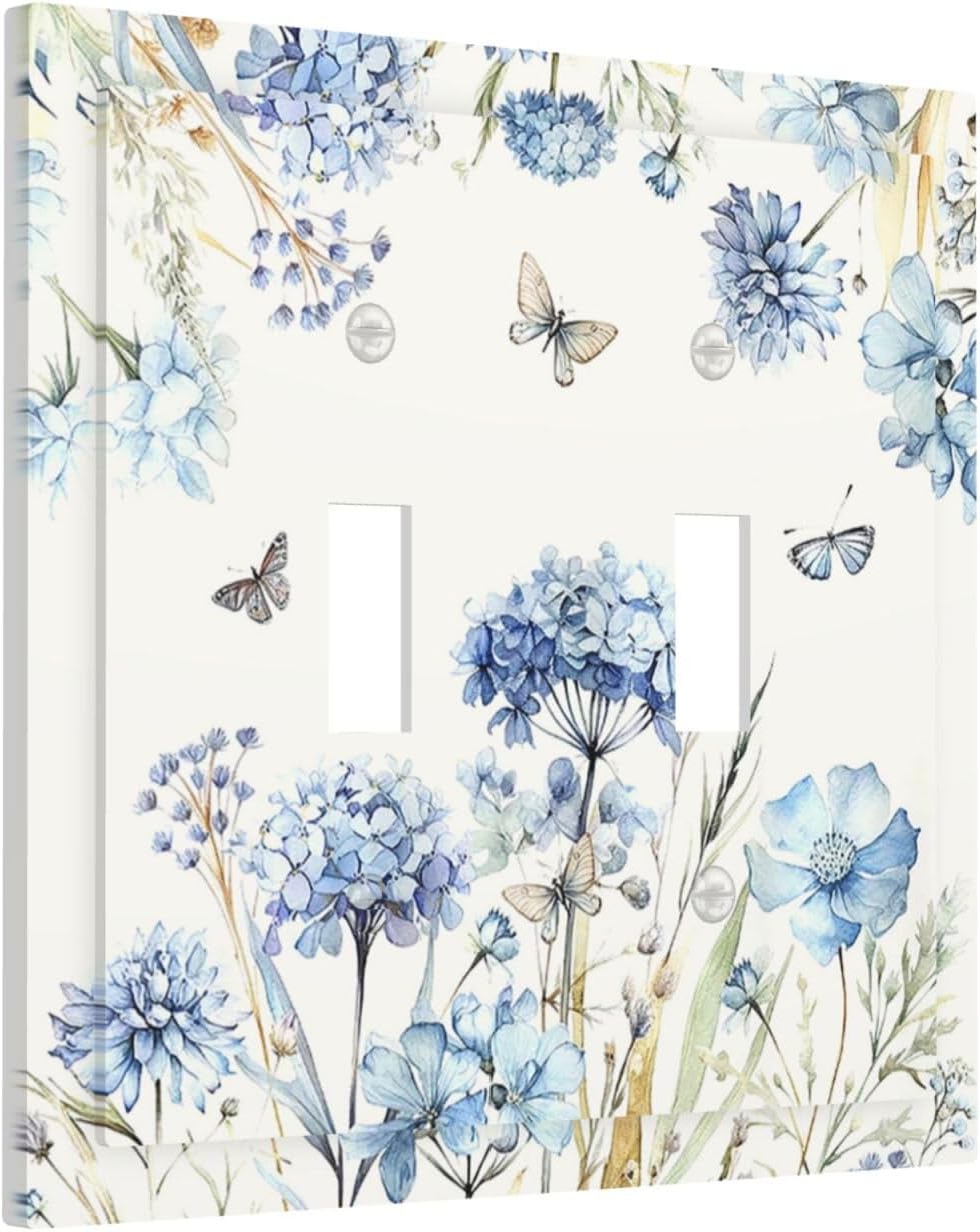 Decorative Switch Plates Blue Floral Hydrangea Plants 2 Gang Double Toggle Wall Plate Outlet Light Switch Cover Electrical Faceplate for Bedroom Home Decor