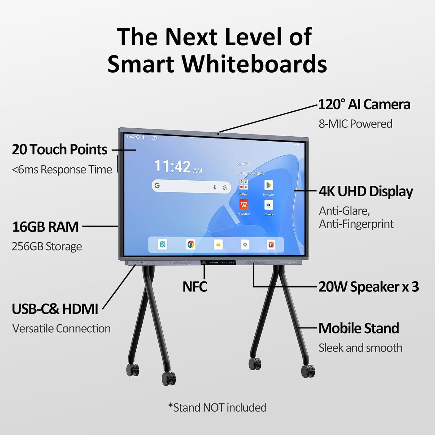 Shiarffe R9 Smart Board 4K Interactive Whiteboard EDLA-Certified All-in-One Touchscreen Digital Display Built-in 50MP AI Camera Mics and 60W Speaker for Classrom Hybrid Work