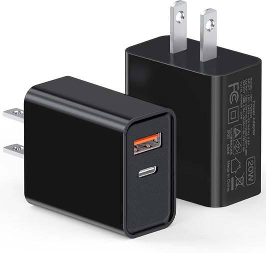 20W USB C Wall Charger for iPhone 17/16/15/14/13/13 Mini/13 Pro Max/12/12 Pro/12 Pro Max Cube, 2 Pack Dual Port Fast Charging Brick Block Plug Box Base Adapter for iPad, iPod, Watch Series 8 7, Black
