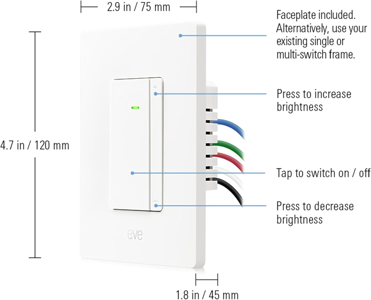 Eve Dimmer Switch (Matter) – Smart Dimmer Switch, for Alexa/Apple/Google/SmartThings/Home Assistant; for Single-Pole switches; Requires Thread Border Router and Neutral Wire; UL-Certified
