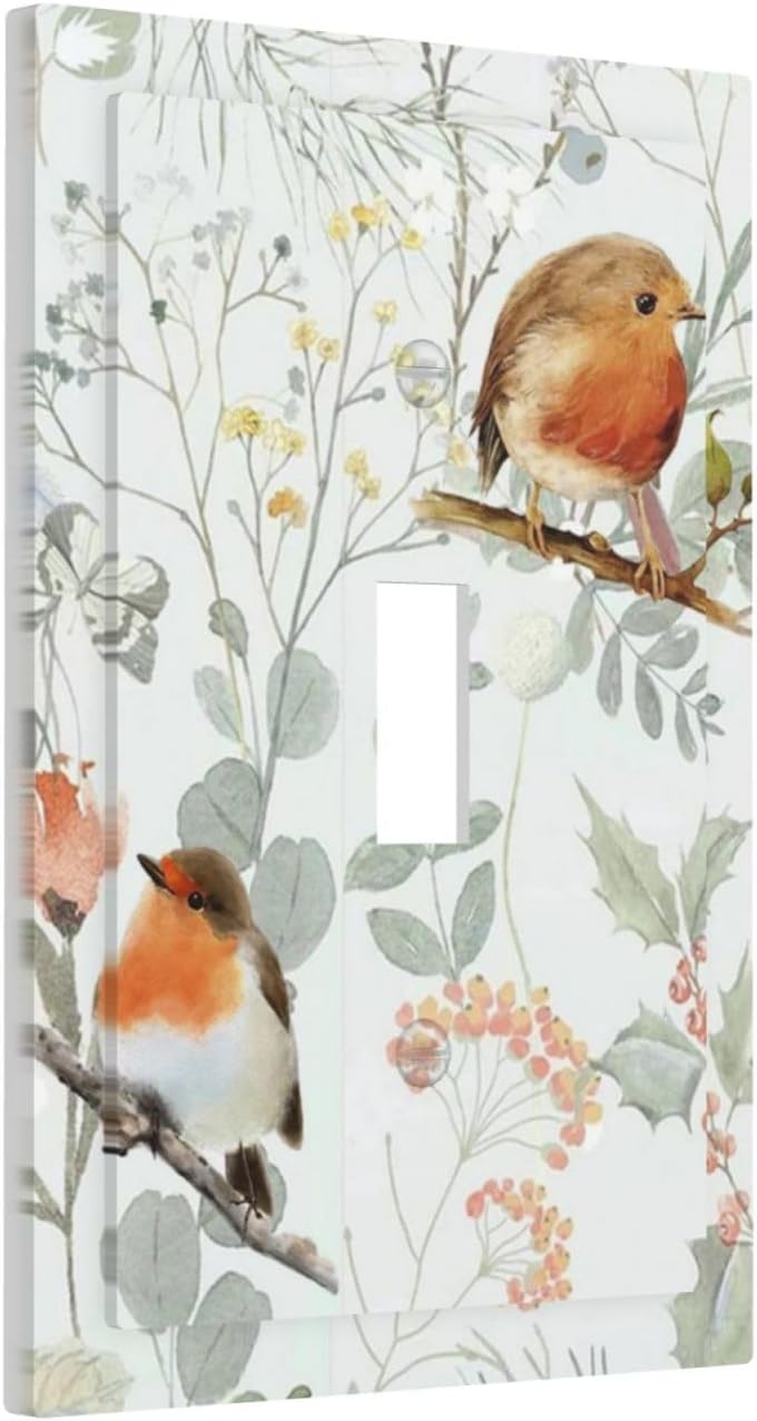 Decorative Light Switch Cover Red Floral Berries Colorful Bird Plant 1 Gang Single Toggle Device Electrical Faceplate Switchplates Decorator Outlet Wall Plate For Bed Room Living Room