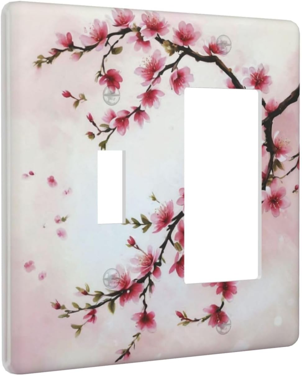 Branch with Pink Flowers Light Switch Covers 2 Gang Single Toggle Rocker Combination Wall Plate Cover Electrical Faceplate Decorative Switchplate for Farmhouse Living Decor