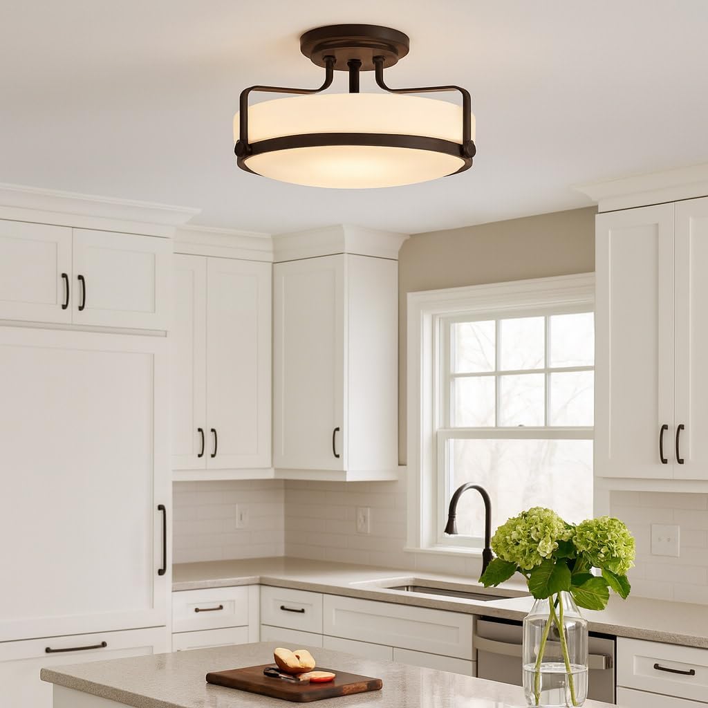 Hinkley Harper 3643OZ Large Semi-Flush Ceiling Light - Sleek, Retro Style - Oil Rubbed Bronze + Etched Opal Glass